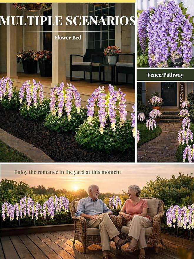 GIGALUMI Solar Lights Outdoor for Garden Decor, 3 Pack Solar Flower Lights Waterproof, 2 Lighting Modes Wisteria for Pathway,Yard, Patio Decoration, Gardening Gifts for Women (Purple)