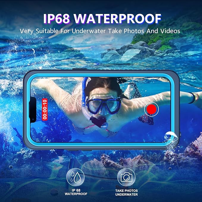 Temdan Compatible with iPhone 13 Case Waterproof, Built-in Screen & Camera Protector IP68 Underwater Full Body 13FT Military Dropproof Shockproof Phone Case 6.1"-Blue/Clear