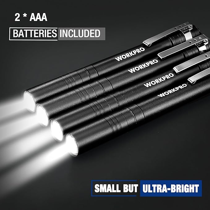 WORKPRO LED Pen Light, Aluminum Pen Flashlights, Pocket Flashlight with Clip for Inspection, Emergency, Everyday, Black(4-Pack)