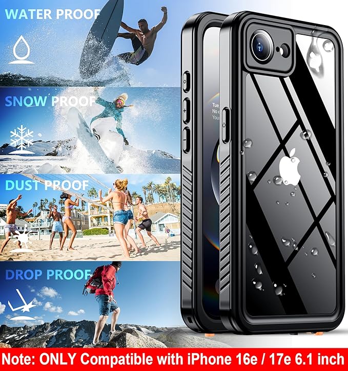 SPIDERCASE for iPhone 16e Case/iPhone 17e Case Waterproof,Built-in Screen & Camera Lens Protector[IP68 Underwater] Full Body Protection Phone Case for iPhone 16e/iPhone 17e 6.1'', Black/Clear