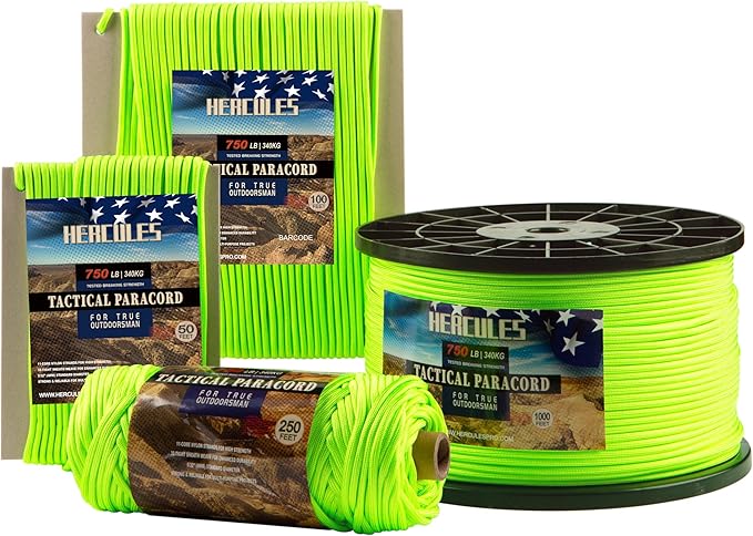 HERCULES 750lb Paracord 4mm 11 Strands Tactical Parachute Cord, 50' 100' 250' 1000' Utility Rope for Camping, Survival, Outdoor Gear (Neon Green, 1000FT)