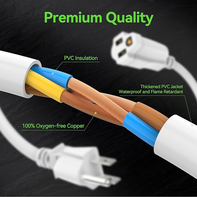 Power Extension Cord 4FT/48Inch, 3 Prong Grounded Electric Extension Cable Outlet Saver, Single Outlet, Heavy Duty, Waterproof, Flexible, 16AWG, SJTW, 13A 125V, Outdoor and Indoor Power Wire(White)