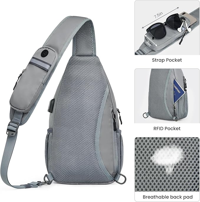 G4Free Sling Bag RFID Crossbody Sling Backpack with USB Charging Port, Travel Hiking Daypack Shoulder Chest Bag for Women Men(Gray)