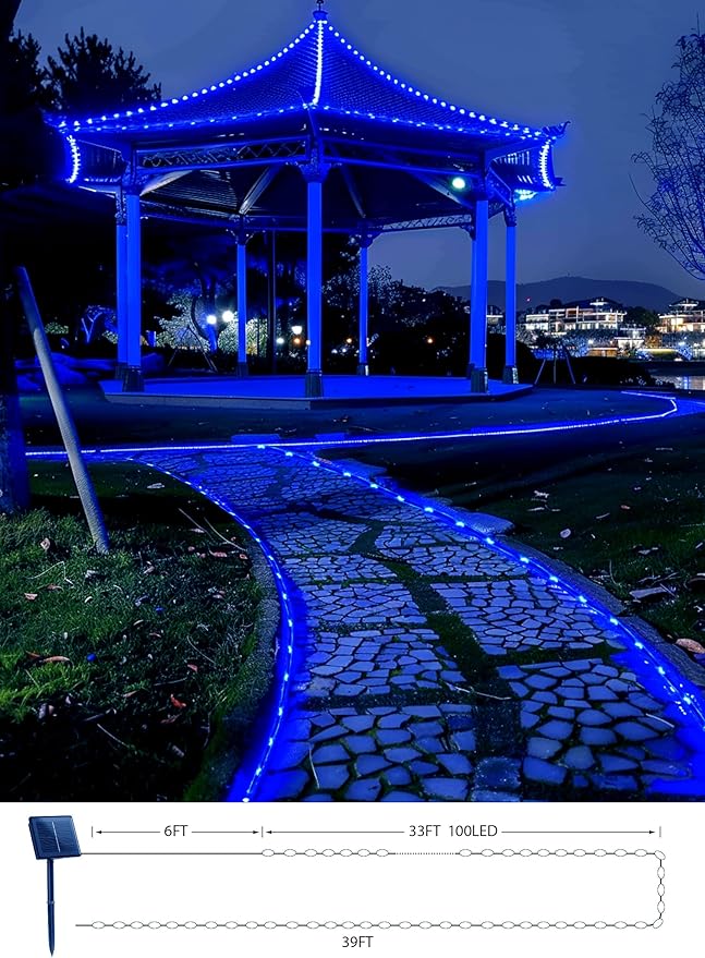 Brightown Solar String Lights Outdoor, 39FT 100 LED Rope Lights Solar Powered with 8 Lighting Modes, Waterproof Solar Patio Lights, Solar String Lights for Outside Tree Yard Halloween Decoration, Blue