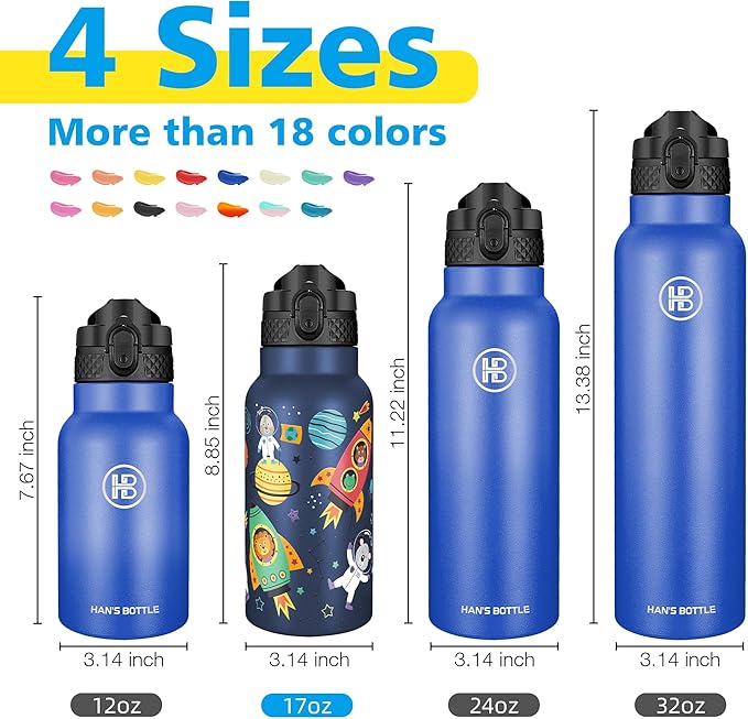 Han's Bottle Kids Water Bottle with Straw Lid - Insulated Stainless Steel Reusable Tumbler for Girls,Boys,Thermo Mug,17oz,Cosmic Animals