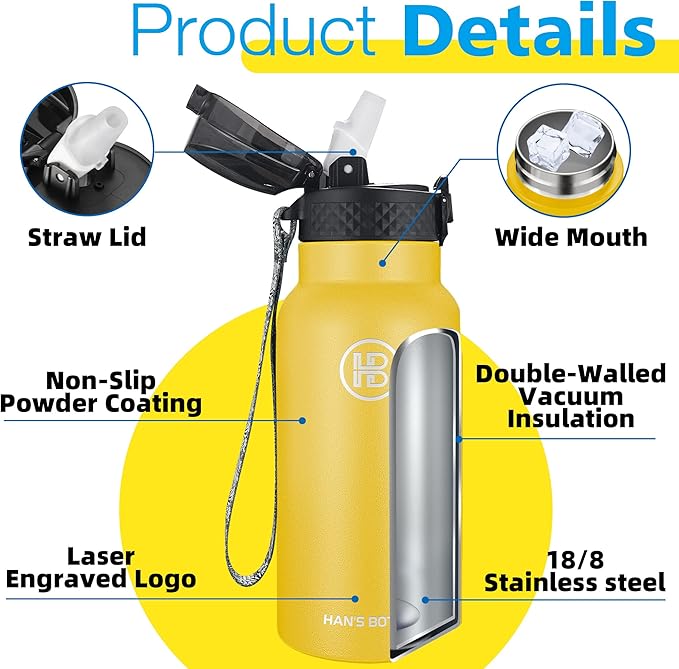 Han's Bottle Kids Water Bottle with Straw Lid - Insulated Stainless Steel Reusable Tumbler for Girls,Boys,Thermo Mug,17oz,Ginger