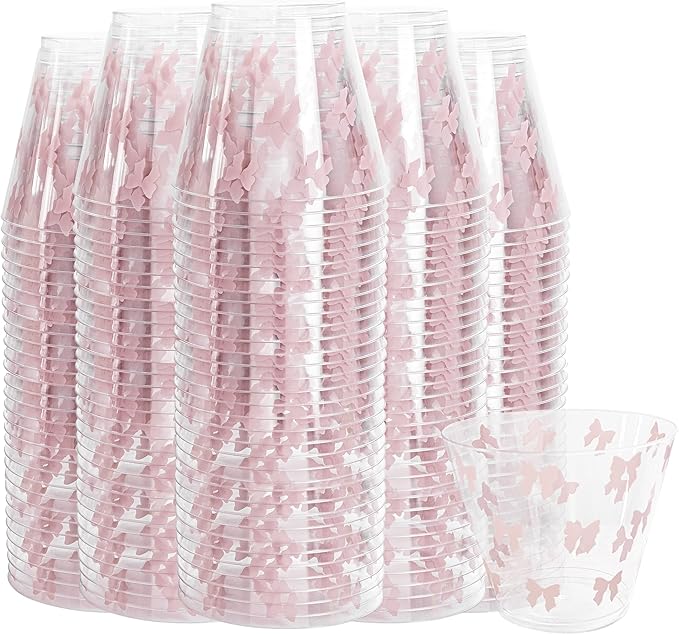 I00000 200 Pcs 9 oz Clear Plastic Cups with Pink Bow, Clear Disposable Cups Wine Glasses Cocktail Glasses Premium Cup Perfect for Wedding, Birthday & Party