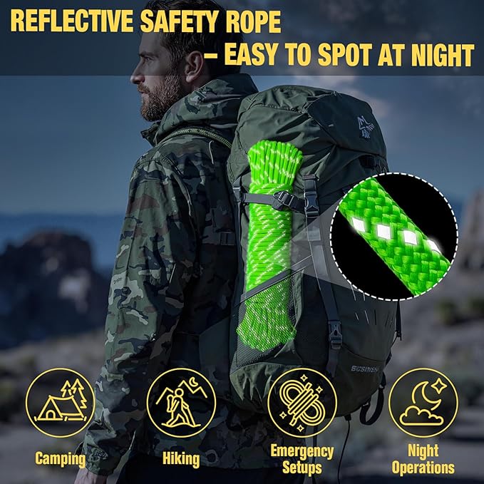 Reflective Paracord Rope 750 lb - 200ft 5/32" Parachute Cord 4MM 12-Strand para Cord - Heavy Duty Spool String for Survival,Camping Gear, Survival Bracelet, Clothesline - Neon Green