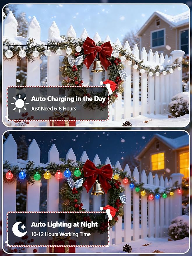 Multicolor Solar String Lights Outdoor, 2-Pack Total 100 LED 64FT Crystal Globe Solar Powered Lights for Outside Waterproof with 8 Lighting Modes, Patio decorations for Tree Wedding Party Garden Yard