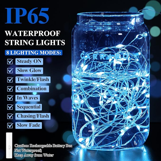 Lakumu LED String Lights Battery Operated, Mini Rechargeable Fairy Lights, Twinkle Lights with Timer for Bedroom, Christmas Decorations, Wedding, Xmas Tree, Centerpiece Table Decor (5M/16FT Blue)