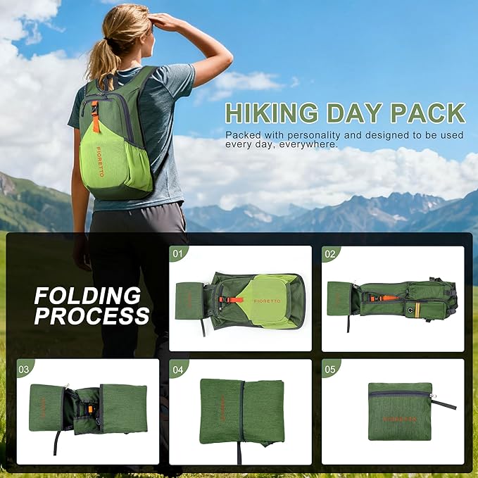 FIORETTO 15L Hiking Backpack for Women Men Mini Packable Backpack Lightweight Small Daypack for Camping Travel Outdoor, Green