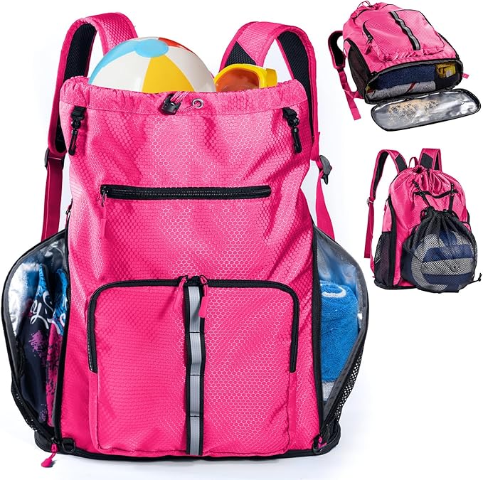 Large Beach Backpack Waterproof Sandproof - Customized Oversized Drawstring Pool Bag with Shoe Compartment for Toiletries, Towels, Gym, Travel