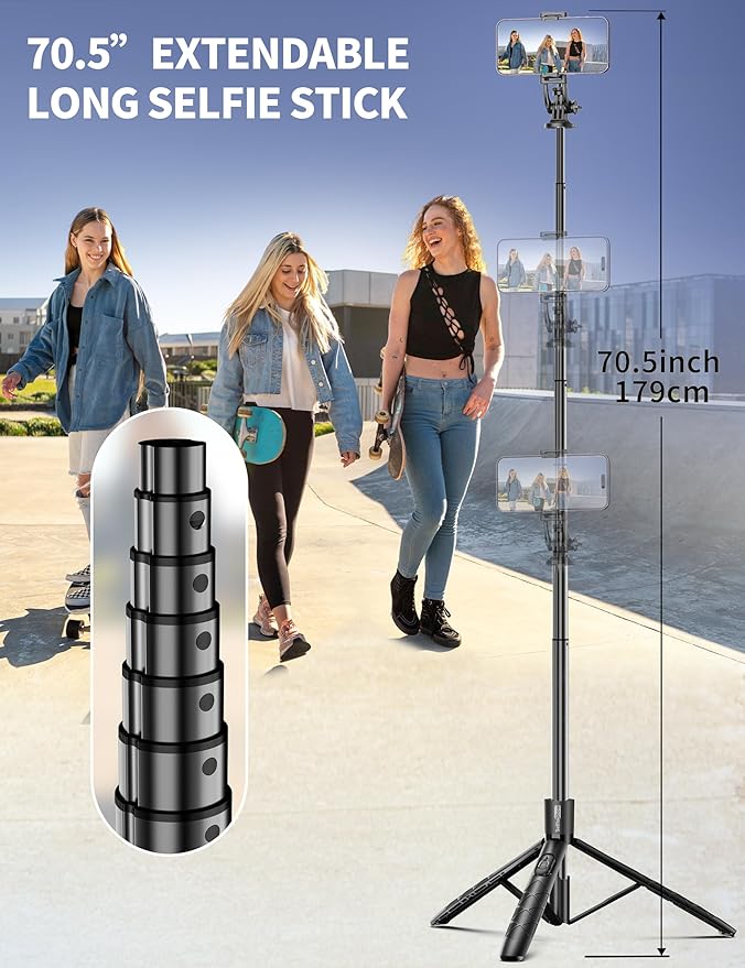 Aluminum 71" Phone Tripod, Travel Tripods for iPhone with Remote, Extendable Cell Phone Selfie Stick Tripod Stand Compatible with iPhone 17/16/15/14/13/Android/Camera