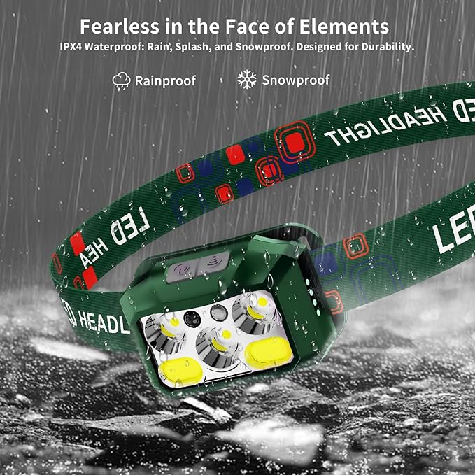 Headlamp Rechargeable LED, 800 Lumens with Red & White Light, 8 Modes, Motion Sensor, USB-C Charging, IPX4 Waterproof (1, Green)