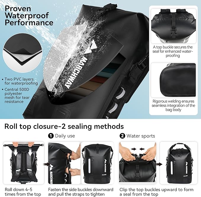 MARCHWAY Roll Top Waterproof Backpack, Floating Dry Bag 20L/30L/45L with Ergonomic Rectangular Base, Cushioned Back, Hip Strap for Hiking Camping Kayaking Travel (Black, 30L)