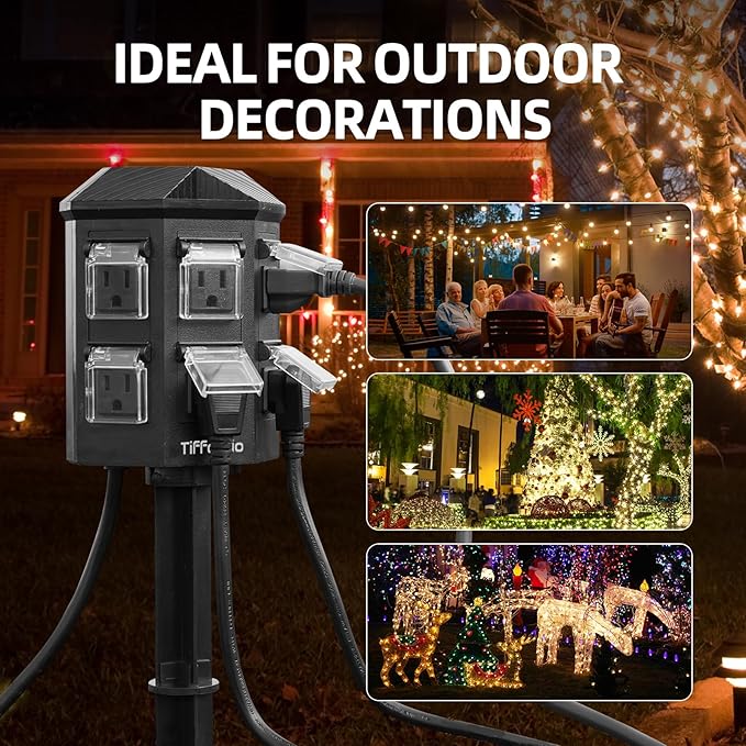 TiFFCOFiO Outdoor Power Strip Timer, Dusk to Dawn Light Sensor Countdown, 15 Feet Extension Cord Waterproof, 6 Grounded Outlets for Halloween and Christmas Decorations, ETL Listed
