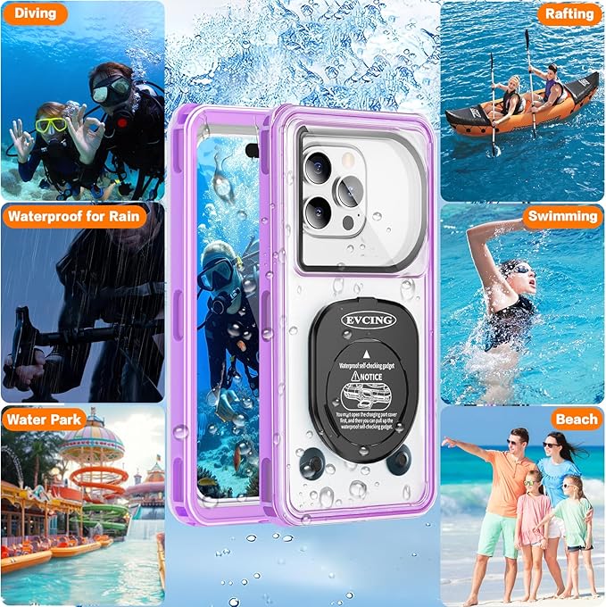 Waterproof Phone Case, Underwater Phone Cases for Snorkeling, IPX8 Diving Case, 360 Full Body Protection for iPhone 16 Pro Max/15/14/Galaxy S24, Up to 6.9 Inch, Beach Cruise Essentials (Purple)