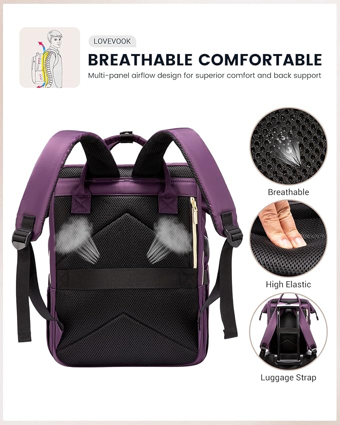 LOVEVOOK 17.3 Inch Laptop Backpack, Large Travel Backpack for Women, Water Resistant Teacher Backpack with Laptop Compartment, Professional Business Work bags with Charger, Dark Purple