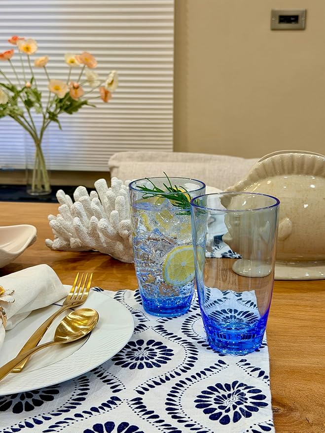 KLIFA- ETON, 20.8 oz, Set of 6, Acrylic Highball Drinking Glasses Set, Iced Tea Cups, BPA-Free, Stackable Plastic Drinkware, Dishwasher Safe Cups, Ocean Blue