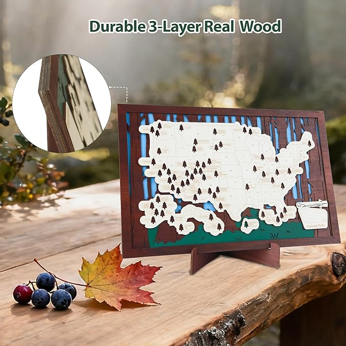 Wooden US National Parks Map Travel Tracker – 3-Layer Framed Wall Art with 70 Tree Pins, Stand, Marker & Gift Box – National Park Checklist Map, Holiday and Educational Geography Gift for Adventurers, Families & Outdoor Lovers, Perfect for RV, Home & H...