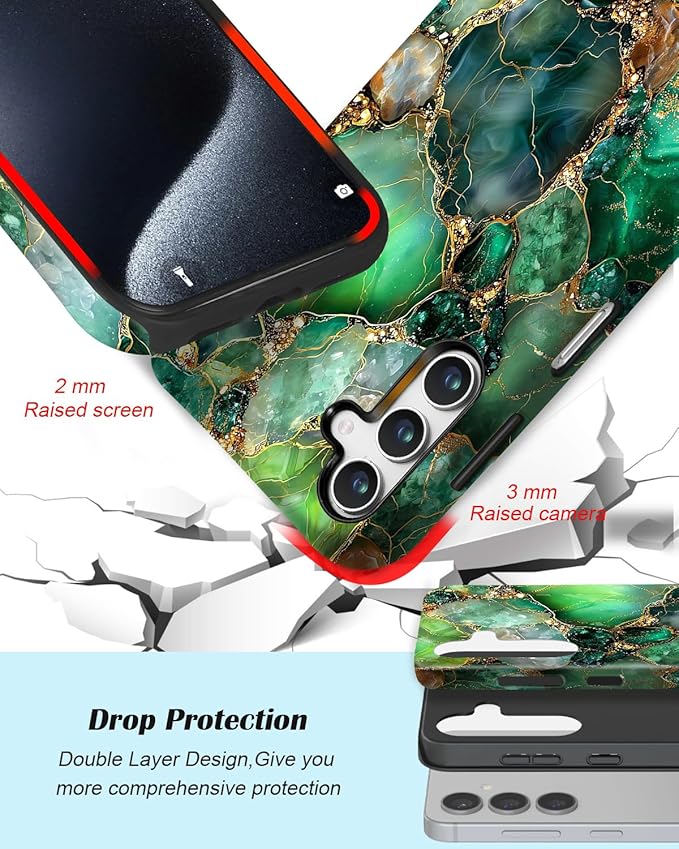 Compatible for Samsung Galaxy S25 FE 5G Case, Dual Layer Heavy Duty 2 in 1 Shockproof Protective Phone Case,Green Onyx with Gold Veins Print