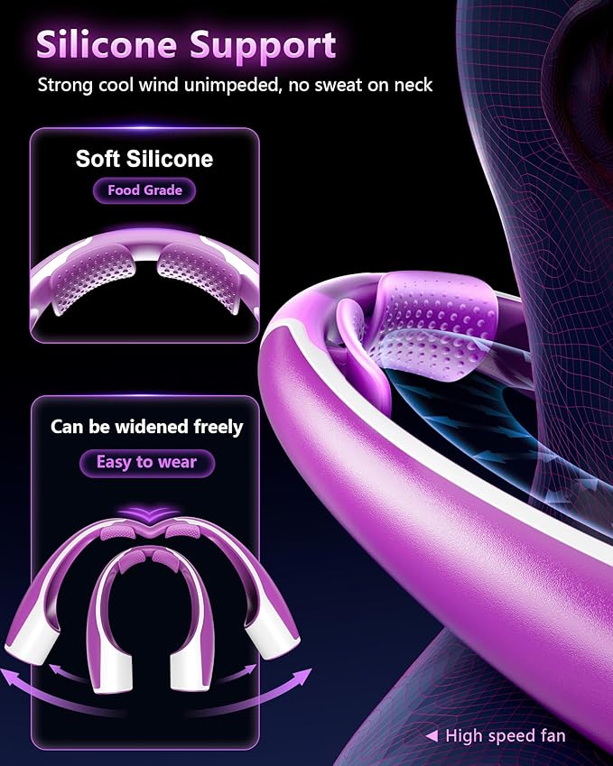 Rohent Neck Fan Portable for Women: High Speed Faster Cooling Neck Fan 4 Speeds Wind - Super Light Ultra Quiet Rechargeable Personal Fan for Fashion Women 13-35Y Girls - Purple