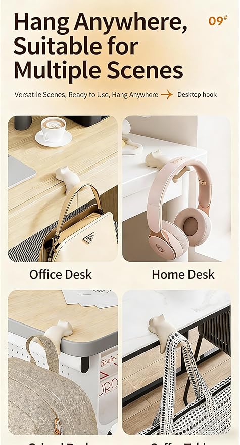 Cat Desk Hook for Kids - Damage-Free No Drill Desk Side Hook, 5KG Load Capacity ABS Backpack Hanger, Adhesive Included Multi-Purpose Organizer for Student School Desk/Home Office