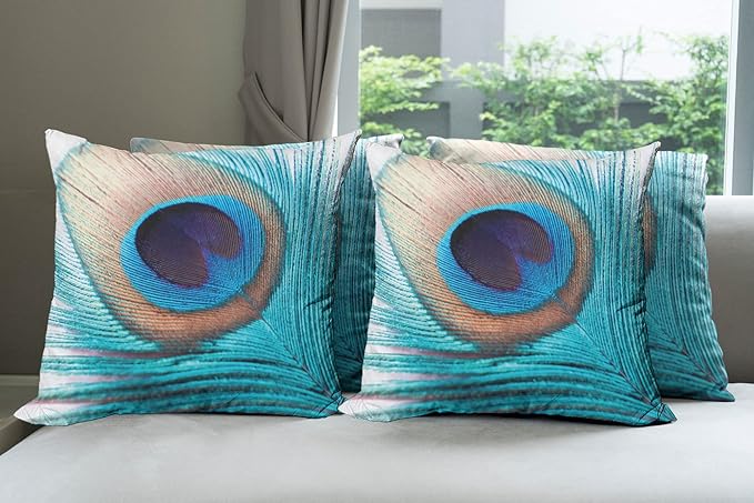Ambesonne Feather Throw Pillow Cushion Case Pack of 4, Close up Pattern of Peacock Fluff in Vibrant Tones Natural Wildlife Theme Print, Modern Accent Double-Sided Digital Printing, 18", Aqua Cream