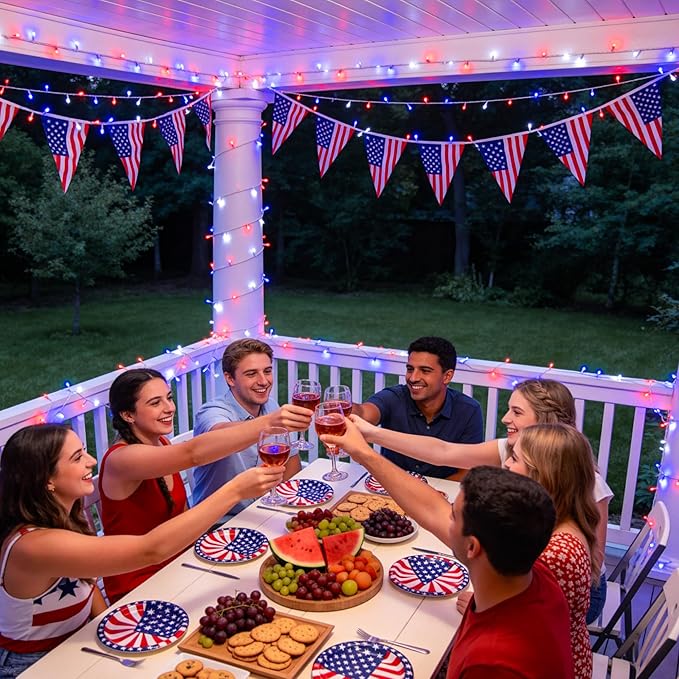 JMEXSUSS 400 LED Red White and Blue Lights Outdoor, 132FT 4th of July Lights Indoor, 8 Modes Patriotic String Light for Memorial Day Independence Day Decoration