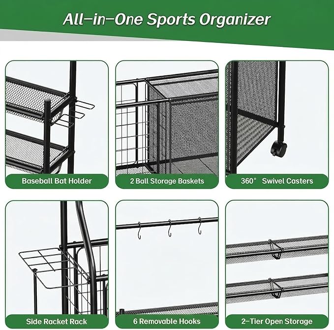 Large Sports Organizer for Garage, Ball Storage Rack Garage Sports Equipment Organizer with Side Racks, Baskets, Hooks, Multi-Purpose Golf Gear Storage for Gym Indoor Outdoor