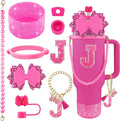 9PCS Hot Pink for Stanley Cup Accessories Set Bling Initials Bow Charms for Stanley Decorations 30/40 Oz Tumbler Accessories Including Bow Straw Topper, Handle Strap, Spill Stopper（Letter J）