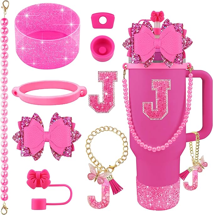 9PCS Hot Pink for Stanley Cup Accessories Set Bling Initials Bow Charms for Stanley Decorations 30/40 Oz Tumbler Accessories Including Bow Straw Topper, Handle Strap, Spill Stopper（Letter J）