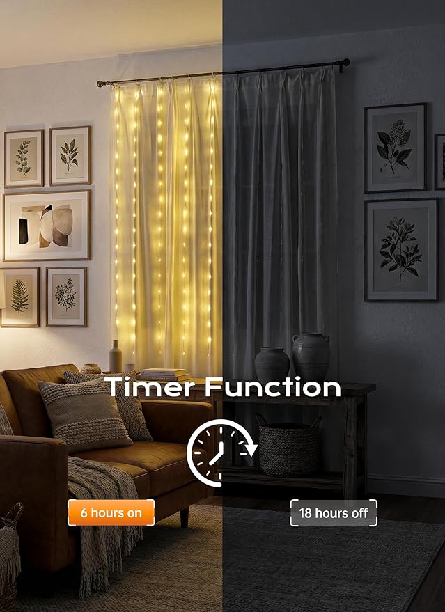 Brightown 180 LED Shower Curtain Lights, 70 Inch Warm White Fairy Lights Battery Operated String Lights, 8 Modes Waterproof Christmas Lights for Indoor Outdoor Decor(No Curtain)