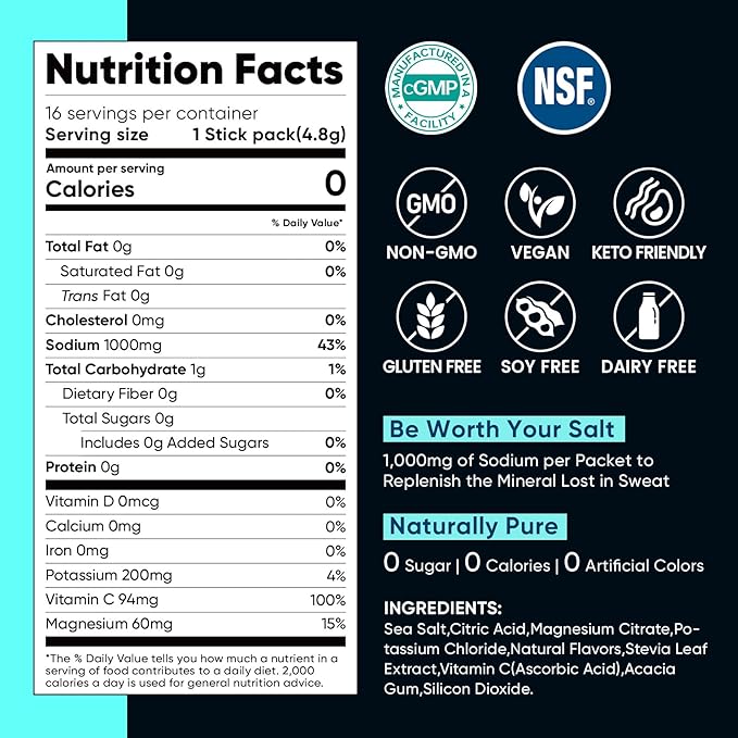 Venture Pal High Sodium Electrolyte Powder Packets | Sugar Free Hydration Drink Mix with Sodium, Potassium, Magnesium & Vitamins | Zero Calorie | Keto, Vegan & Paleo Friendly | 16 Sticks