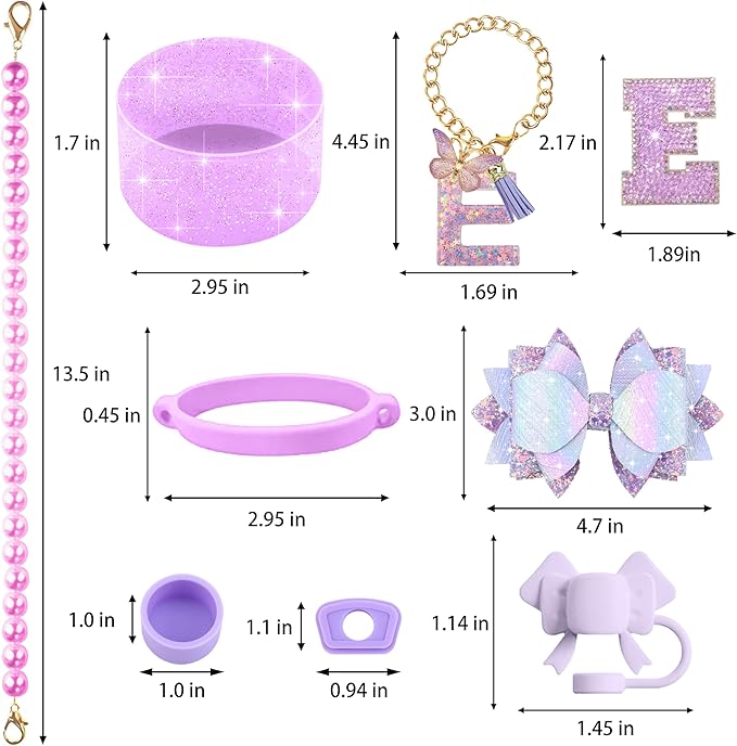 9PCS Purple for Stanley Cup Accessories Set Bling Initials Bow Charms for Stanley Decorations 30/40 Oz Tumbler Accessories Including Bow Straw Topper, Handle Strap, Spill Stopper（Letter E）