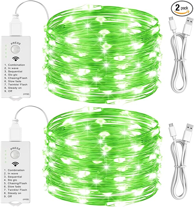 HXWEIYE Rechargeable Fairy Lights Battery Operated, DIY Timer & 8 Modes, 2 Pack 16FT 50LED Twinkle String Lights Indoor, Led mini Lights for Bedroom Wedding Dorm Christmas Tree Decor (Green)