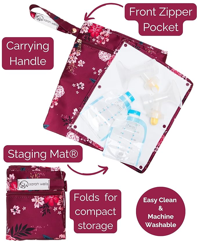 Sarah Wells Pumparoo Wet Dry Bag for Breast Pump Parts – Compact Organizer with Waterproof Pocket, Staging Mat & Fridge Hack – Machine Washable Pumping Accessory (Berry Bloom)