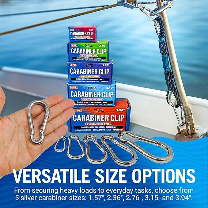 Stainless Steel Carabiner Clip, 4 Pack, 316 Marine Grade, Heavy Duty Spring Snap Hooks, Mini and Large Sizes, 2" to 4" Options