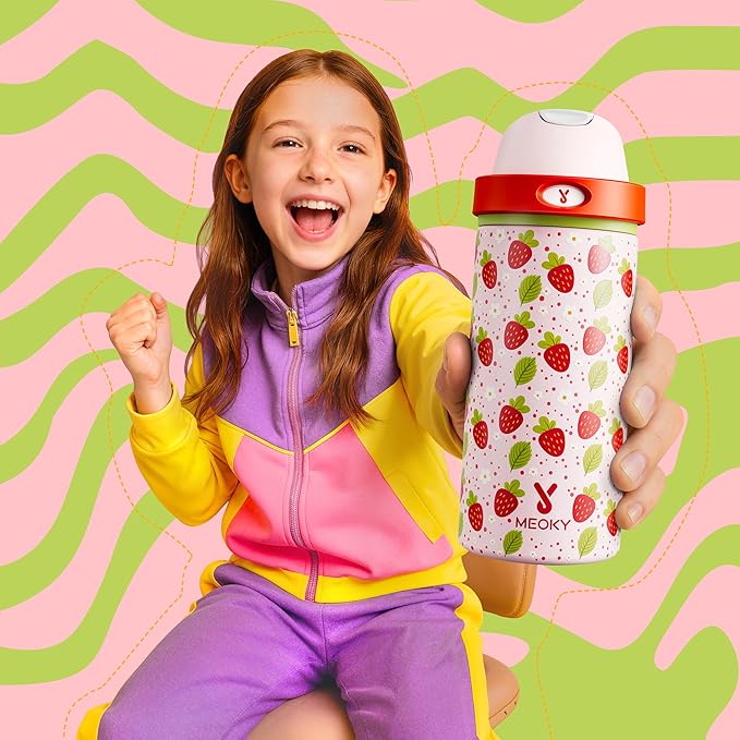 18 oz Insulated Water Bottle for Kids: Meoky Stainless Steel Water Bottle with 2-in-1 Straw and Spout Lid - Leak Proof, Cold for 24 Hours, BPA-Free for Girls School Sports, Strawberry Garden