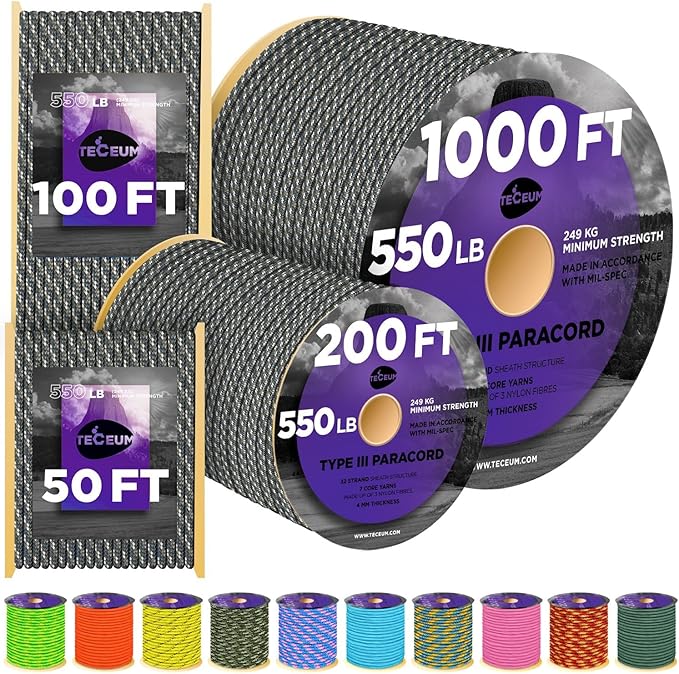 TECEUM Reflective Paracord Rope 1000 – 1000ft/200ft/100ft/50ft – 40+ Colors – Glow in The Dark – para Cord – Utility Rope for Survival, Hunting & Camping Gear – Nylon String, Camping Rope, Tent Cord