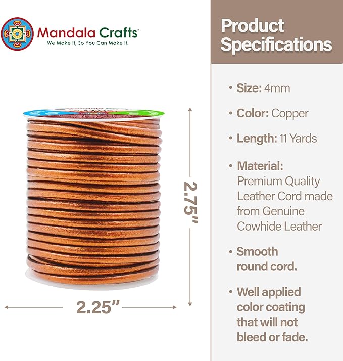 Mandala Crafts Round Genuine Copper Leather Cord for Jewelry Making – 4mm Cowhide Leather Rope String Lace for Kumihimo – 11 Yards Cowhide Craft Cording Spool