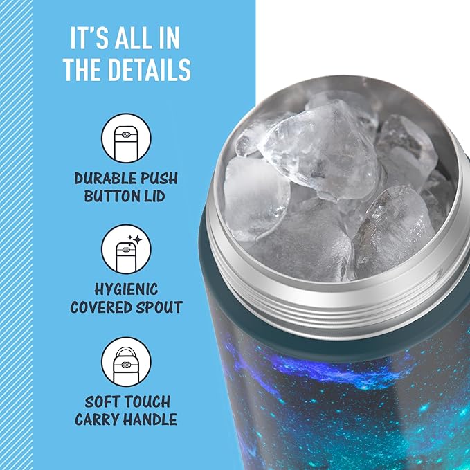 THERMOS FUNTAINER 16 Ounce Stainless Steel Vacuum Insulated Bottle with Wide Spout Lid, Galaxy Teal