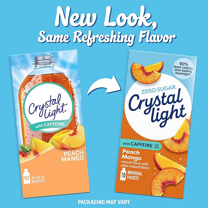Crystal Light On The Go Peach Mango With Caffeine Drink Mix, 10-Packet Box, 0.7 OZ (Pack of 6)
