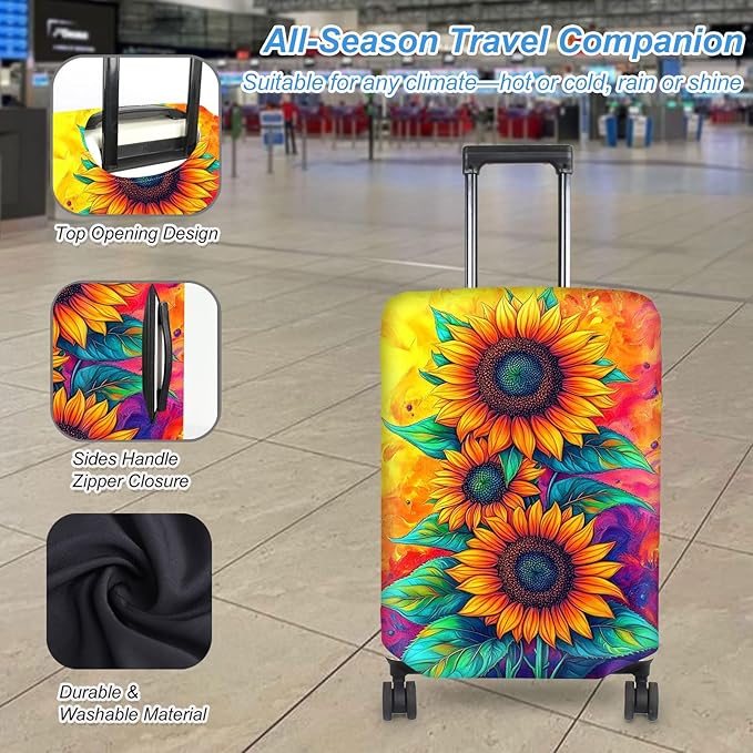 Luggage Cover Protector for 26-28 Inch Suitcases, TSA Approved Elastic Travel Suitcase Covers, Anti-Scratch Washable Luggage Sleeve for Carry On & Checked Bags, Three Sunflowers