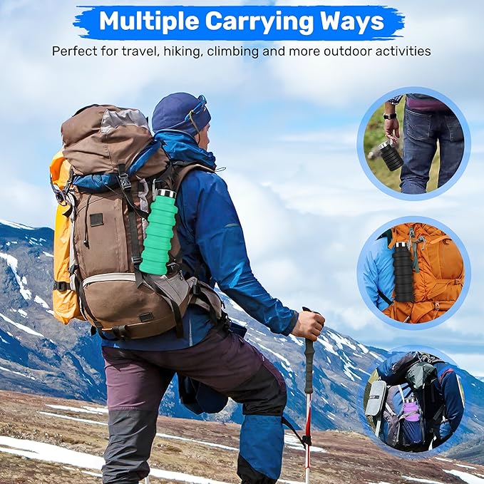 Collapsible Water Bottle, 16oz Portable Reusable Silicone Water Bottle, BPA-Free Leak-Proof Foldable Design with Carabiner, Lightweight Durable for Gym, Travel, Camping, Hiking, Sports, Yellow
