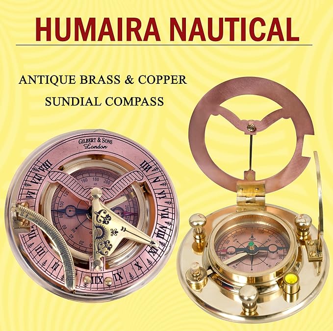 Humaira Nautical Vintage Brass Sundial Compass with Copper Dial & Leather Box Handmade Sun Clock Maritime Navigation Compass Gift