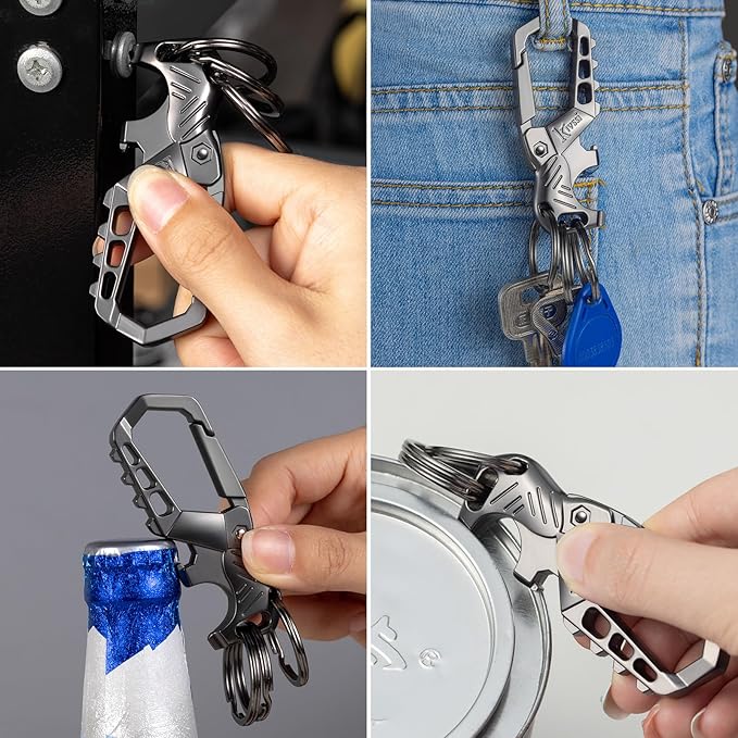 Kivssi Heavy duty metal keychains, Carabiner clip Car key chains,Fashion family keychain bottle opener and 3 Key Rings suitable for men and women.(Black+Gold)