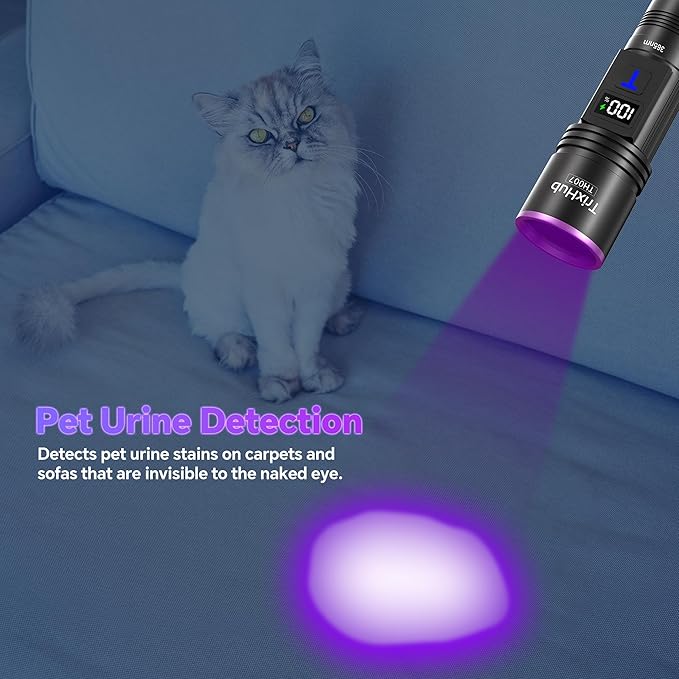 TrixHub 365nm Black Light Flashlight, UV Flashlight Rechargeable with LCD Display, Powerful Ultraviolet Lights for Pet Urine Detection, Resin Curing, Rockhounding, Scorpion, Uranium Glass, A/CLeak