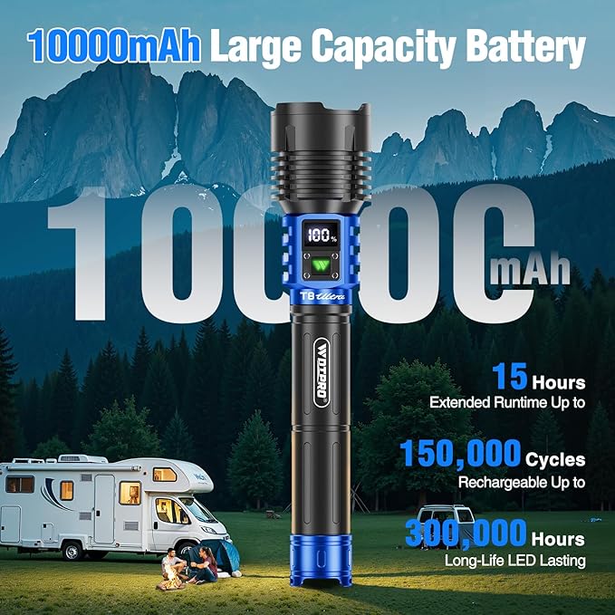 WdtPro Rechargeable LED Flashlights High Lumens, Super Bright 90000LM Rechargeable Flashlight with LCD Display, 5 Modes & Waterproof Powerful 10000mAh Handheld Flashlight for Camping Emergency Blue
