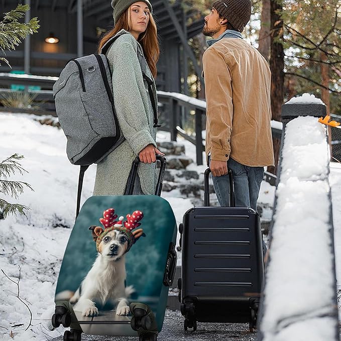 ANNA QUEEN Christmas Dog Luggage Cover, Cute Puppy with Reindeer Antlers Suitcase Protector, Washable Stretchable Travel Sleeve for 32-34 Inch Luggage